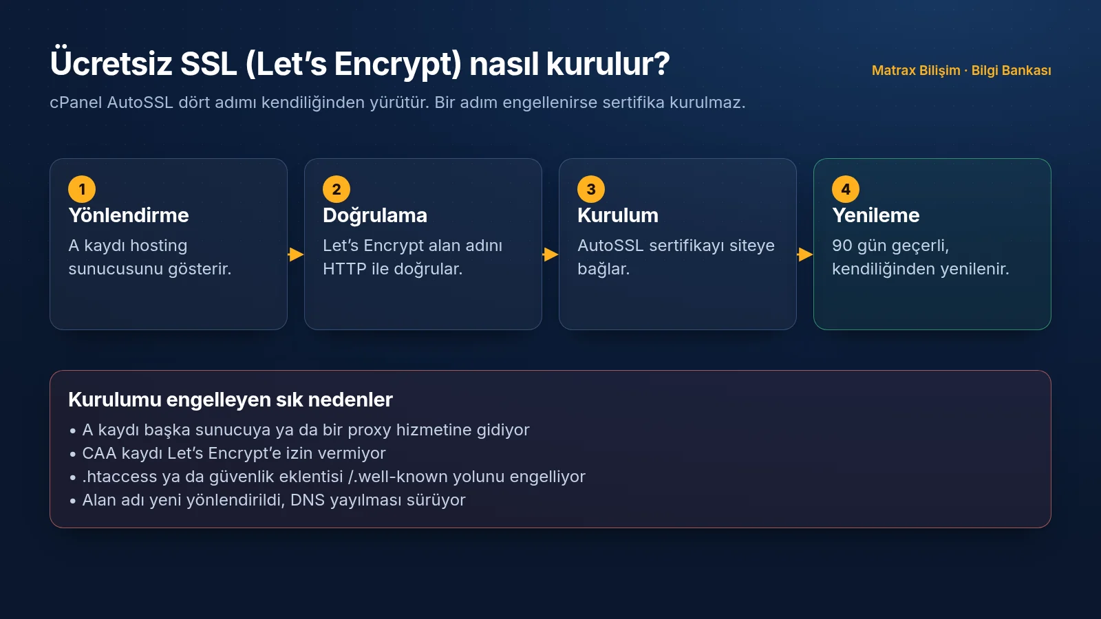 AutoSSL akışı: alan adının A kaydı sunucuyu gösterir, doğrulama yapılır, Let's Encrypt sertifikası kurulur ve süresi dolmadan otomatik yenilenir